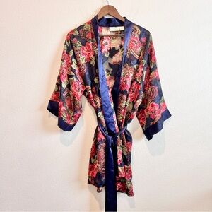 Victoria’s Secret Gold Label Satin Kimono Robe One Size Floral Paisley Sheer Vtg